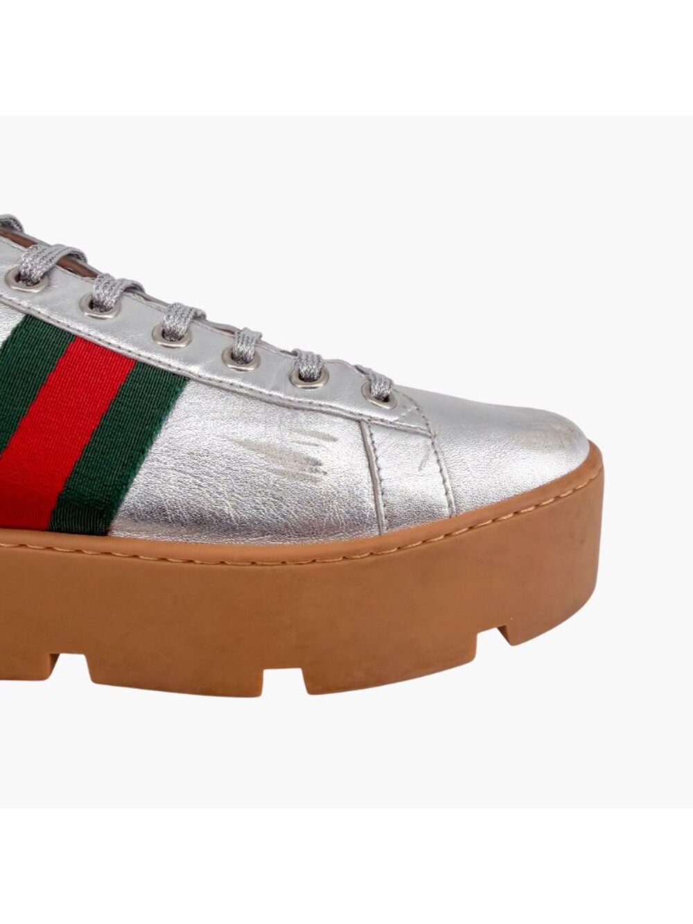Gucci Ace Bee Silver Leather Platform Low Top Sneakers Shoes Size 41 US 11 Women - Picture 11 of 15